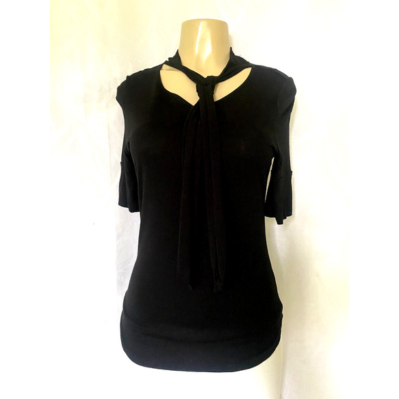 FRAME Tie Neck Top Black Half Sleeve Knit Blouse Round Neck Jersey Stret… - Picture 3 of 6